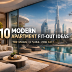 Modern luxury apartment fit-out in Dubai with open-plan living room, balcony view of Burj Khalifa and futuristic skyline, showcasing 2026 interior design trends.