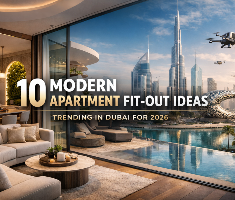 Modern luxury apartment fit-out in Dubai with open-plan living room, balcony view of Burj Khalifa and futuristic skyline, showcasing 2026 interior design trends.