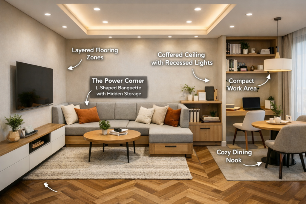 Small apartment living rooms with maxium space utilised in a beautiful way 