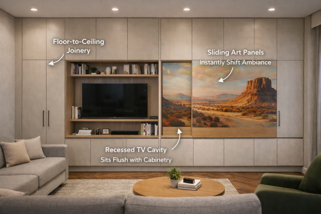 A small apartment interior fitout with wall portion space utilised for staorage and a tv space