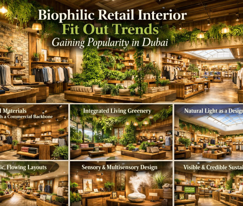 A set of biophilic retail interior fit out trends