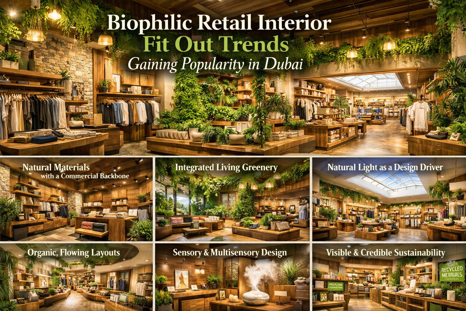 A set of biophilic retail interior fit out trends