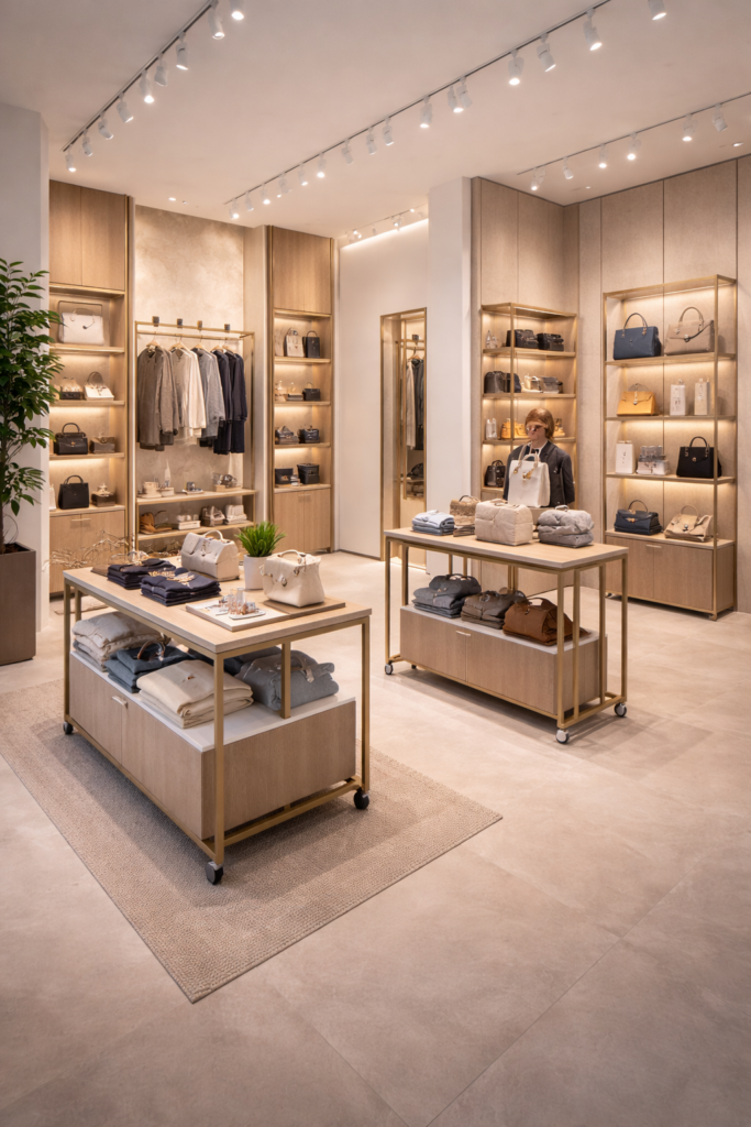 A retail fit out idea in Dubai of a shop with slim fixtures and flexible displays so that the mall space looks spacious