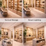 Collage showing five smart retail store fit out ideas in Dubai including vertical shelving, layered lighting, slim modular displays, mirrors with glass fixtures, and hidden storage in a modern small retail shop interior in Dubai