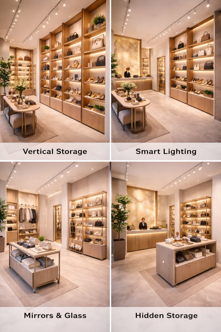 Collage showing five smart retail store fit out ideas in Dubai including vertical shelving, layered lighting, slim modular displays, mirrors with glass fixtures, and hidden storage in a modern small retail shop interior in Dubai