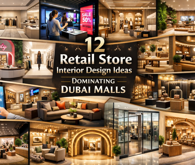 modern retail store interiors in Dubai malls featuring minimalist layouts, luxury lighting, digital displays, lounge areas, themed stores, glass storefronts, and statement entrances representing top shop retail fit-out Dubai trends.
