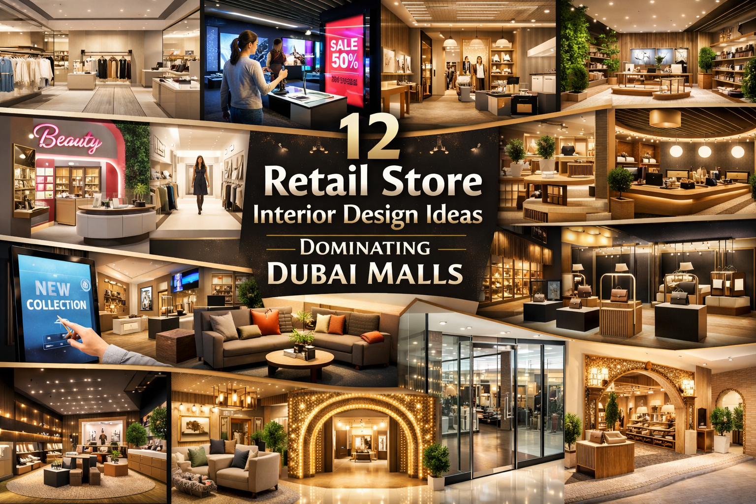 modern retail store interiors in Dubai malls featuring minimalist layouts, luxury lighting, digital displays, lounge areas, themed stores, glass storefronts, and statement entrances representing top shop retail fit-out Dubai trends.
