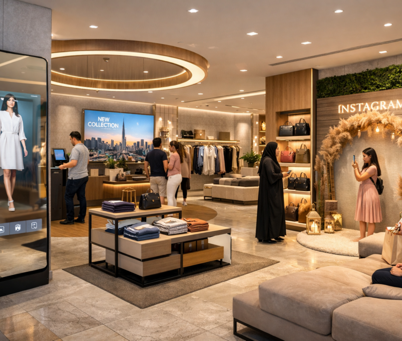 Modern retail store interior in Dubai featuring smart displays, modular shelving, and interactive shopping zones designed by leading retail fit out companies to enhance customer experience.