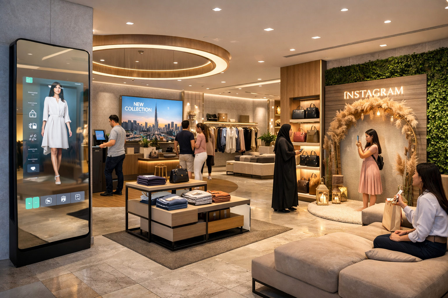 Modern retail store interior in Dubai featuring smart displays, modular shelving, and interactive shopping zones designed by leading retail fit out companies to enhance customer experience.