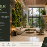 Luxury biophilic interior featuring a modern double-height living space with floor-to-ceiling windows, a lush vertical garden wall, indoor plants, natural wood finishes, elegant lighting, and contemporary furniture, alongside an infographic explaining how biophilic design enhances well-being, sustainability, and luxury interior fit out. KW Interiors branding appears in the bottom-right corner.