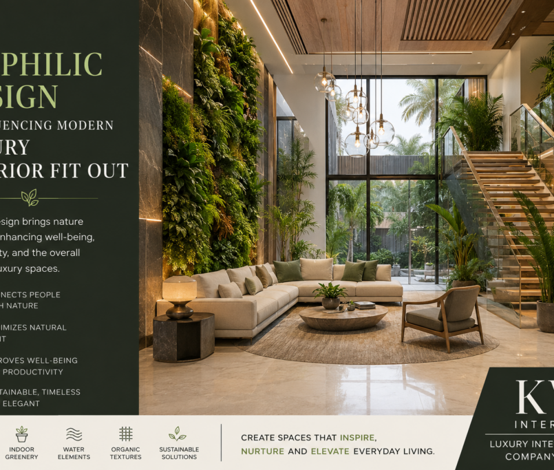 Luxury biophilic interior featuring a modern double-height living space with floor-to-ceiling windows, a lush vertical garden wall, indoor plants, natural wood finishes, elegant lighting, and contemporary furniture, alongside an infographic explaining how biophilic design enhances well-being, sustainability, and luxury interior fit out. KW Interiors branding appears in the bottom-right corner.