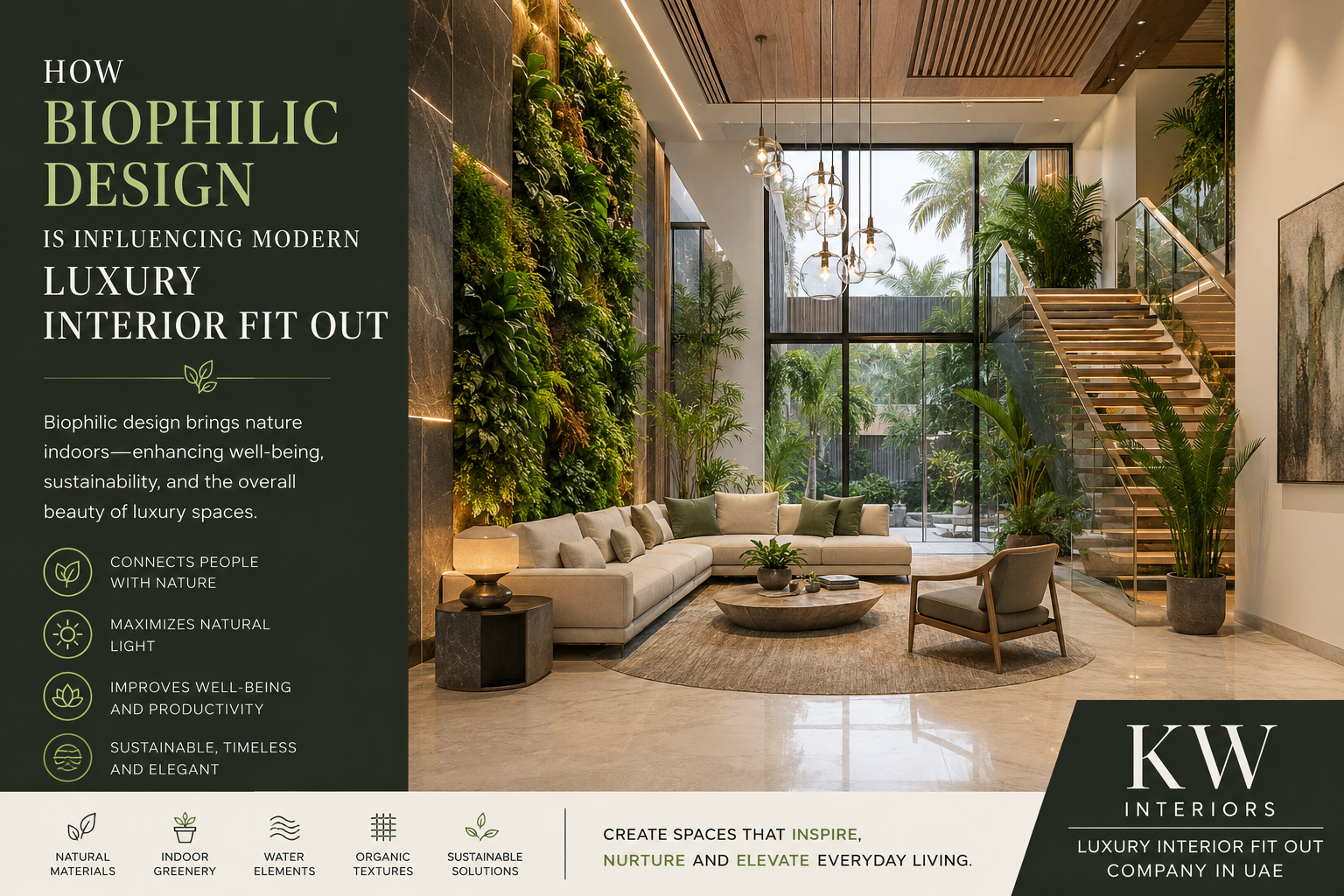 Luxury biophilic interior featuring a modern double-height living space with floor-to-ceiling windows, a lush vertical garden wall, indoor plants, natural wood finishes, elegant lighting, and contemporary furniture, alongside an infographic explaining how biophilic design enhances well-being, sustainability, and luxury interior fit out. KW Interiors branding appears in the bottom-right corner.